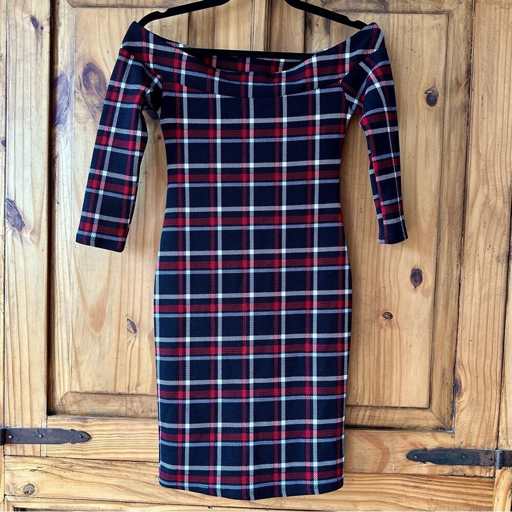 Vintage Y2K Off The Shoulder Plaid Bodycon Sexy Mini Dress Black White Blue Red